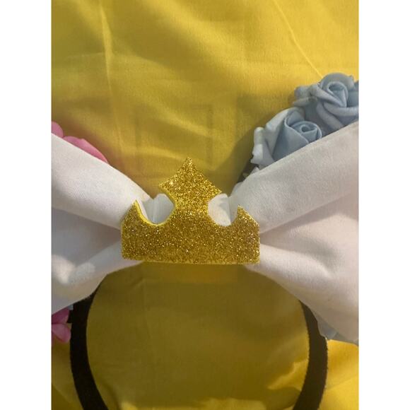 Handmade Princess Aurora Sleeping Beauty Blue Pink Flowers White Crown Bow Ears - Picture 3 of 4